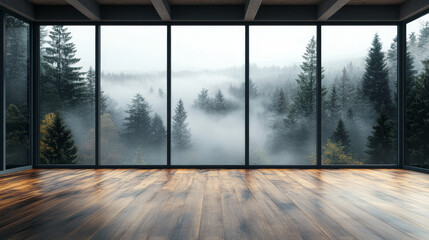 Naklejka premium modern empty loft with wooden floor and foggy forest view 3d render illustration
