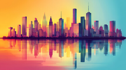 Fototapeta premium Vibrant city skyline featuring colorful reflections and gentle shades. Shaded Horizon. Illustration