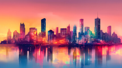 Fototapeta premium Vibrant city skyline featuring colorful reflections and gentle shades. Shaded Horizon. Illustration