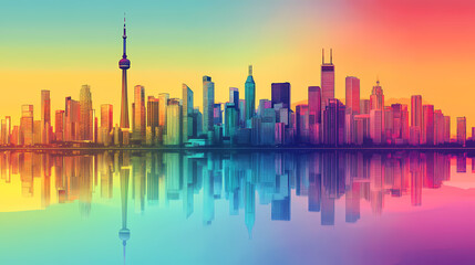 Obraz premium Vibrant city skyline featuring colorful reflections and gentle shades. Shaded Horizon. Illustration