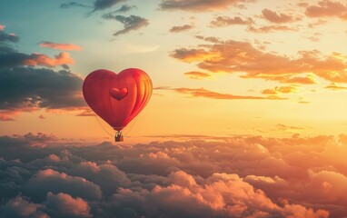 Fototapeta premium A heart-shaped hot air balloon floating in a dreamy sunset sky with soft clouds, magical love scene for Saint Valentines Day