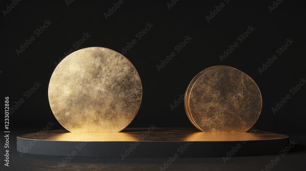 Poster floating golden cylinder display on dark backdrop - minimalistic 3d stage for product presentation