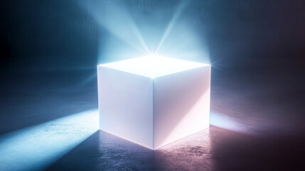 flying white bright laser light cube geometric shape surface 3d render illustration