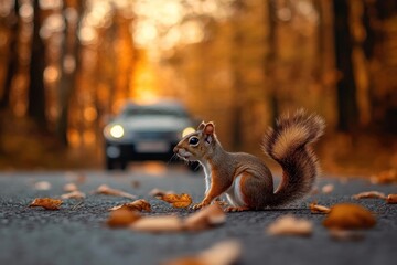 Obraz premium Autumnal Encounter: A Squirrel on a Forest Road at Sunset