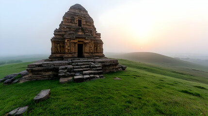 Sunrise over ancient temple ruins on grassy hill