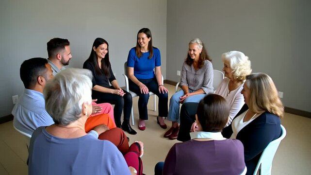 Vertical video. Support group of people sitting in circle during therapy session sharing personal pr