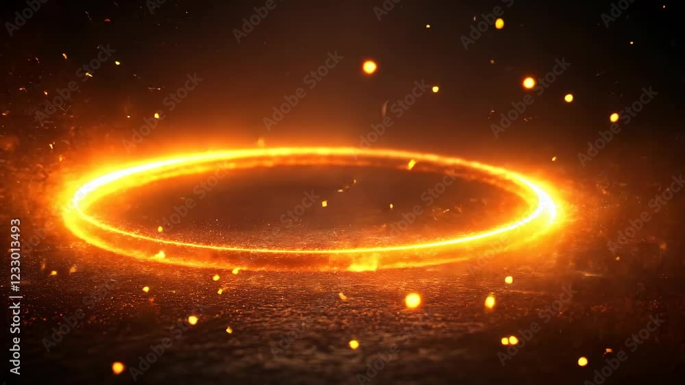 Poster visual representation of a glowing golden circle surrounded by sparks in a dark environment