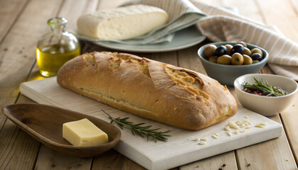 Fresh artisan bread with butter, olive oil, and rosemary