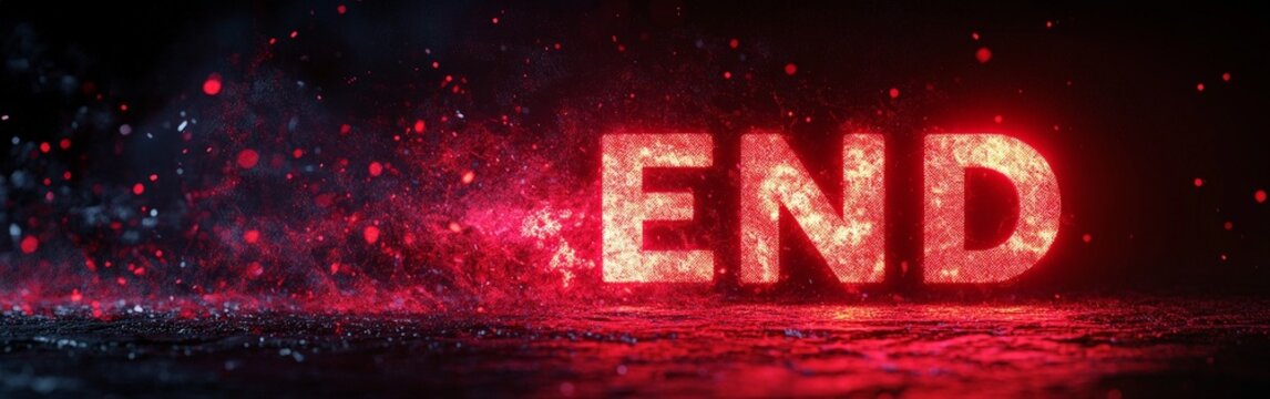 A glowing red metallic 'END' text on a dark background, evoking a cinematic sense of finality and suspense, ideal for dramatic endings.