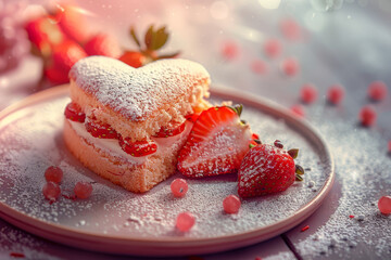 Heart-shaped layered cake with cream and strawberries, dusted with powdered sugar, creating a romantic and sweet dessert for Valentine's Day