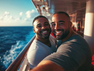 Happy Latino Gay Couple Enjoying a Summer Cruise. Smiling Latino gay couple taking a selfie on a cruise ship, enjoying summer travel, ocean views, and love under the sun.
