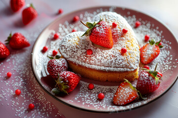 Heart-shaped cake with powdered sugar, strawberries, and red candies on a pink plate, symbolizing love and sweetness for Valentine's Day celebrations