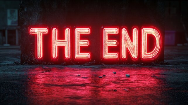 A glowing red metallic 'END' text on a dark background, evoking a cinematic sense of finality and suspense, ideal for dramatic endings.