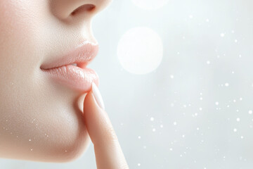Close-Up of Woman's Finger on Soft Lip with Gentle Snowflakes Background