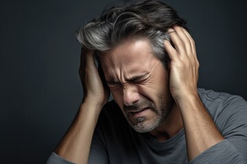 Miserable man clutching ear in agony due to pain and stress