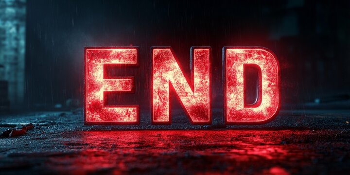 A glowing red metallic 'END' text on a dark background, evoking a cinematic sense of finality and suspense, ideal for dramatic endings.