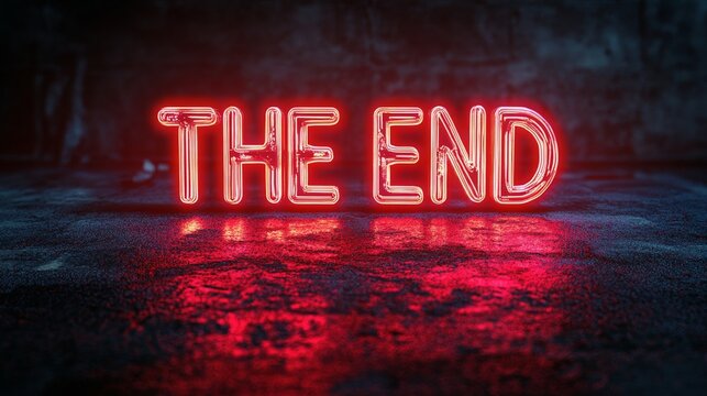 A glowing red metallic 'END' text on a dark background, evoking a cinematic sense of finality and suspense, ideal for dramatic endings.