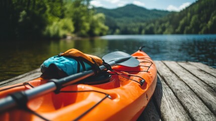 Obraz premium Water sports equipment on a lakeside dock. Featuring a kayak, paddle, and life jacket. Highlighting the activity of water sports. Ideal for adventure blogs and water sports guides.