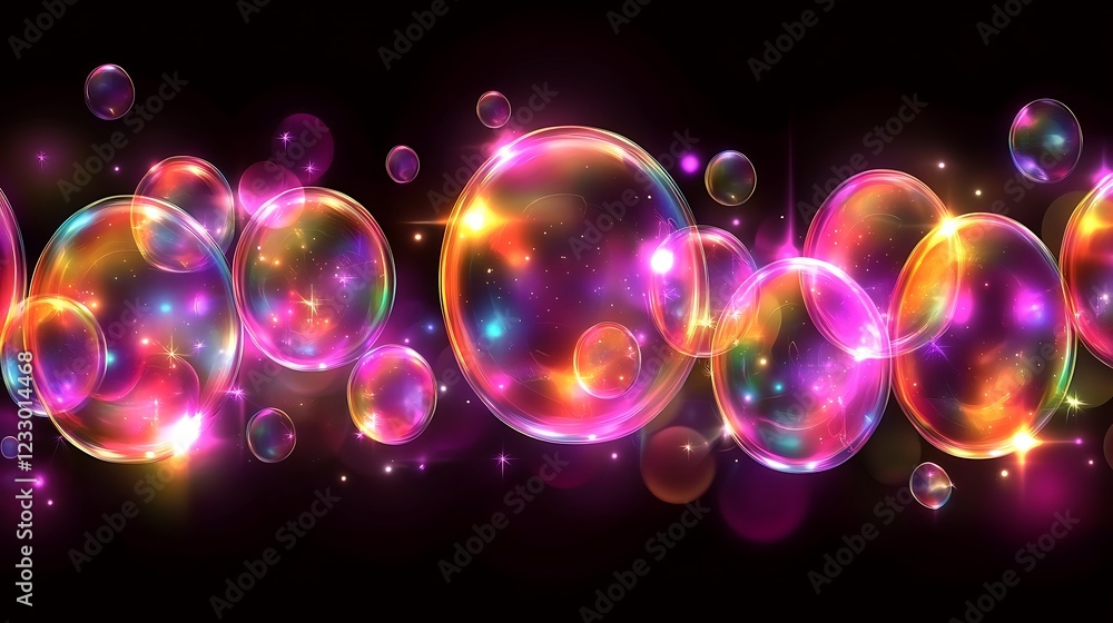 Poster glowing iridescent bubbles float in dark space