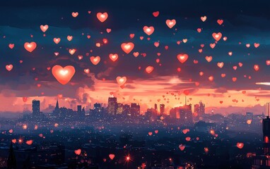 Fototapeta premium A romantic city skyline with thousands of glowing heart-shaped lanterns floating in the air, breathtaking love scene for Saint Valentines Day