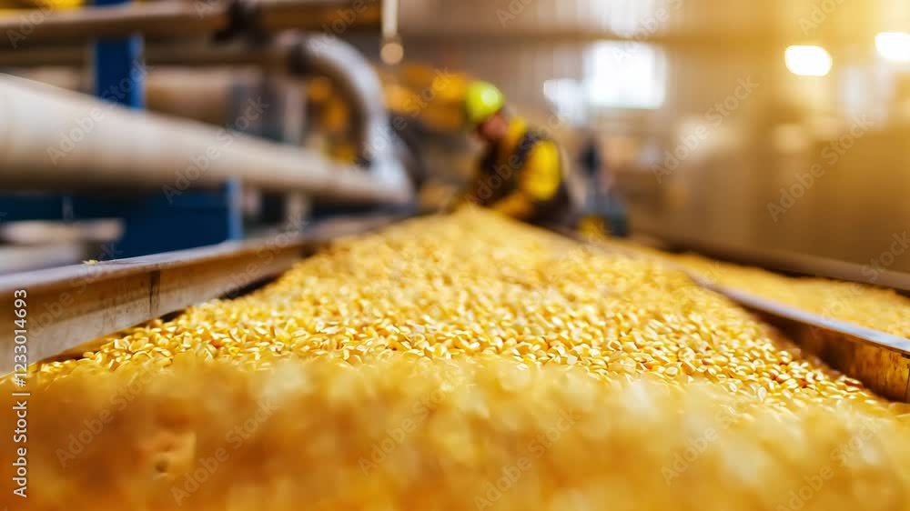 Aufkleber corn grain flows along a conveyor belt in a state of the art facility as workers ensure efficient pr