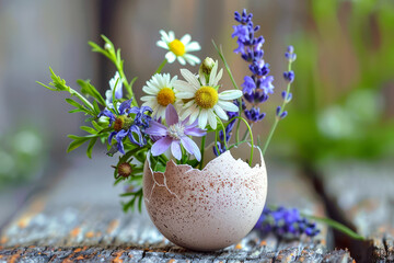Rustic arrangement of wildflowers in a speckled eggshell vase, set on a weathered wooden surface, creating a natural and charming spring display