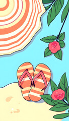 Fototapeta premium Beach Accessories In Minimal Colorful Design - Flip-flops And Towel With Striped hat And Tropical Leaves, comic art, with white tones