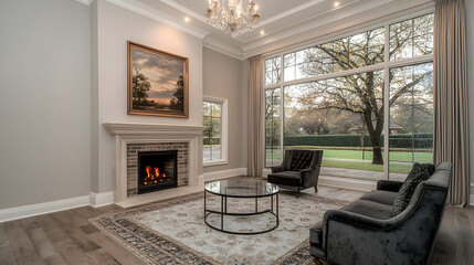 Luxurious living room fireplace, large windows, autumnal view
