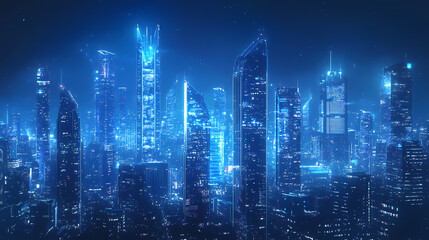 Fototapeta premium A futuristic city skyline at night with illuminated skyscrapers and a vibrant urban landscape glowing in shades of blue. Shaded Horizon. Illustration