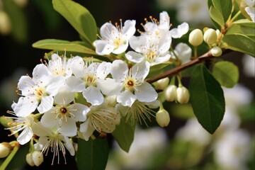 Obraz premium Myrtle Flower Blossoming on White Background. Branch of Myrtle Tree with Blooming Flowers, Leaves and Buds