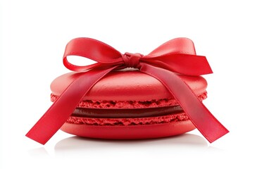 A stack of red macarons tied with a satin ribbon on a white background, sweet gift for Saint Valentines Day