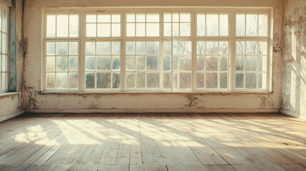 empty vintage living room interior with big windows and wooden floor 3d render illustration