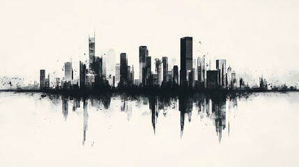 Obraz premium A minimalist artwork featuring a skyline of abstract buildings in monochrome shades of black and white. Shaded Horizon. Illustration
