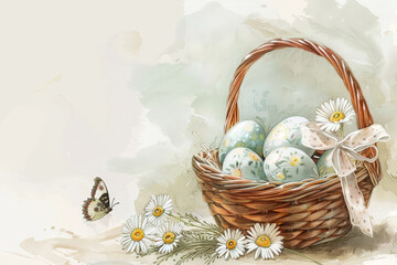 Wicker basket with hand-painted Easter eggs, daisies, and a decorative ribbon, accompanied by a butterfly on a soft pastel background