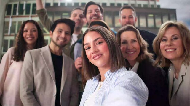 Diverse Group Of People Taking Selfie At Work Event