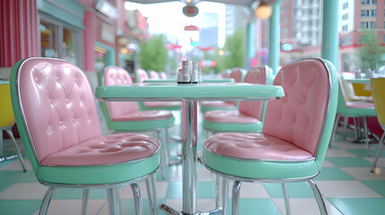 Retro diner patio seating, city backdrop, lunch break