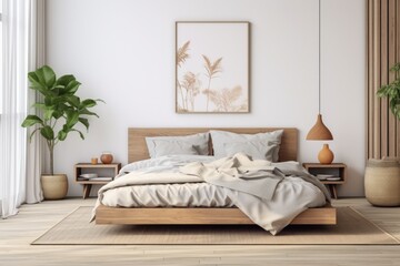 Natural Materials and Generative AI Art - Bright Bedroom Interior with Plants, Pictures, and Cozy Furniture