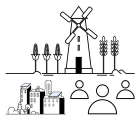 Windmill near crops, buildings with solar panels, and people icons. Ideal for sustainability, green energy, farming, eco-friendly cities, renewable resources, community abstract line flat metaphor
