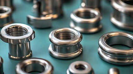 Precision Metal Components Arranged On Teal Surface