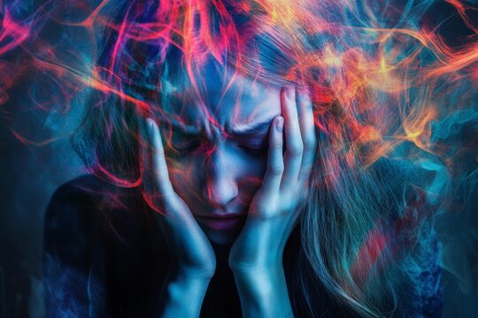Headache. Expressions of chaotic thoughts emerge through vibrant colors and abstract forms, capturing the essence of anxiety in a visually striking way that evokes deep emotions