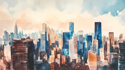A watercolor painting of a city skyline, with the city's tall buildings in shades of blue and brown, set against a cloudy sky. Shaded Horizon. Illustration