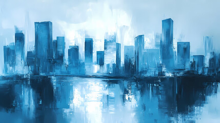 Obraz premium Abstract cityscape painting, impressionistic city skyline in shades of blue, perfect for modern design projects or wall art. Shaded Horizon. Illustration