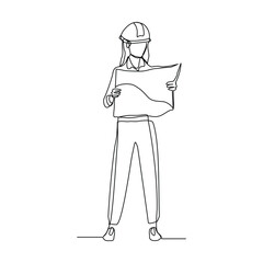 Continuous single line sketch drawing of female woman architect construcstor building or angineer mechanic looking for  blue print paper professional occupation work one line vector illustration