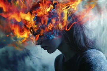 Headache. This artwork explores chaotic thoughts and anxiety through vivid colors and abstract forms The turbulent visuals depict an inner struggle merging vibrancy with turbulence symbolizing unrest