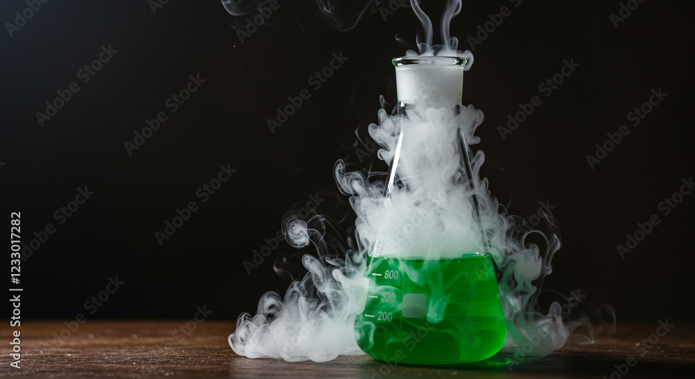 Aufkleber flask with green liquid and smoke coming out of it. science experiment with flask on wooden table