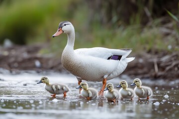 Ducklings waddle closely behind their mother as they traverse a tranquil pond. The scene captures the essence of nature and family bonding in soft afternoon light