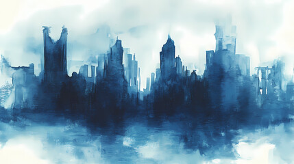 Abstract watercolor depiction of a cityscape in various shades of blue. Shaded Horizon. Illustration