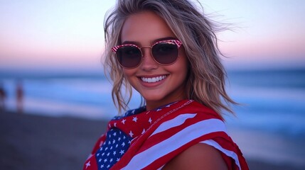 Patriotic Beach Sunset Portrait: A Smiling Woman in Sunglasses Draped in an American Flag