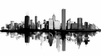 Chicago skyline with water reflection, black and white. Shaded Horizon. Illustration