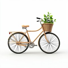 Bicycle with a small green plant growing from the basket, symbolizing eco-friendly transport, isolated on a clean white background